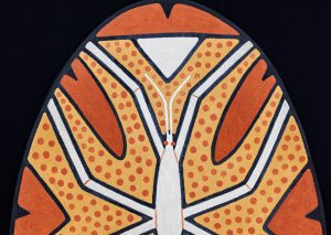 Upper part of traditional shield with waterstrider design in ochre, red, white and black